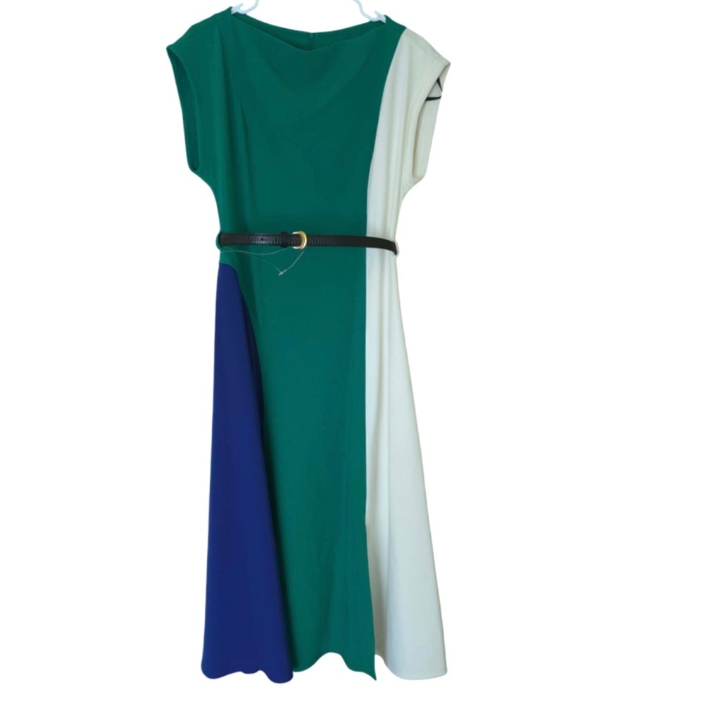 DONNA KARAN NEW YORK Color Block Midi Dress Cap Sleeve Boat Neck A Line Size 8 - Picture 2 of 10